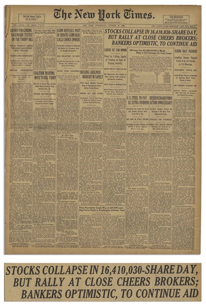 ''The New York Times'' From 30 October 1929 Reporting on ''Black Tuesday'', the Stock Market Crash of 1929 With Headline ''Stocks Collapse in 16,410,030-Share Day''